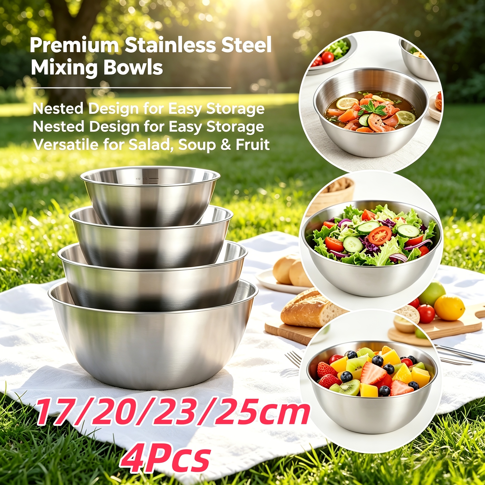 Kitchen Baking Bowls - 4Pcs, 17/20/23/25cm Multifunctional Kitchen Stainless Steel
